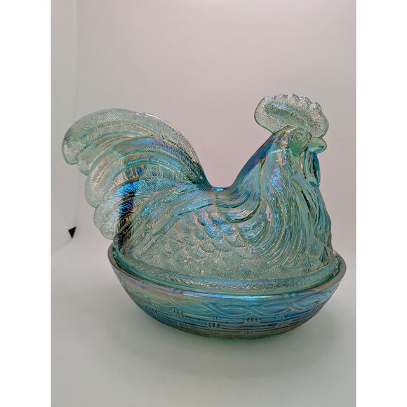 1997 Fenton 7" Misty/ Electric Blue Iridescent Rooster/Hen on Nest Covered Dish - Picture 3 of 8
